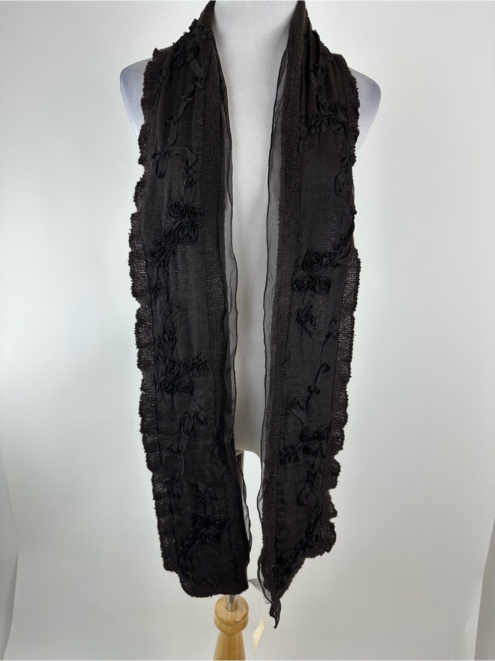 Coldwater Creek Chocolate Brown Floral Appliquรฉ Boho Scarf